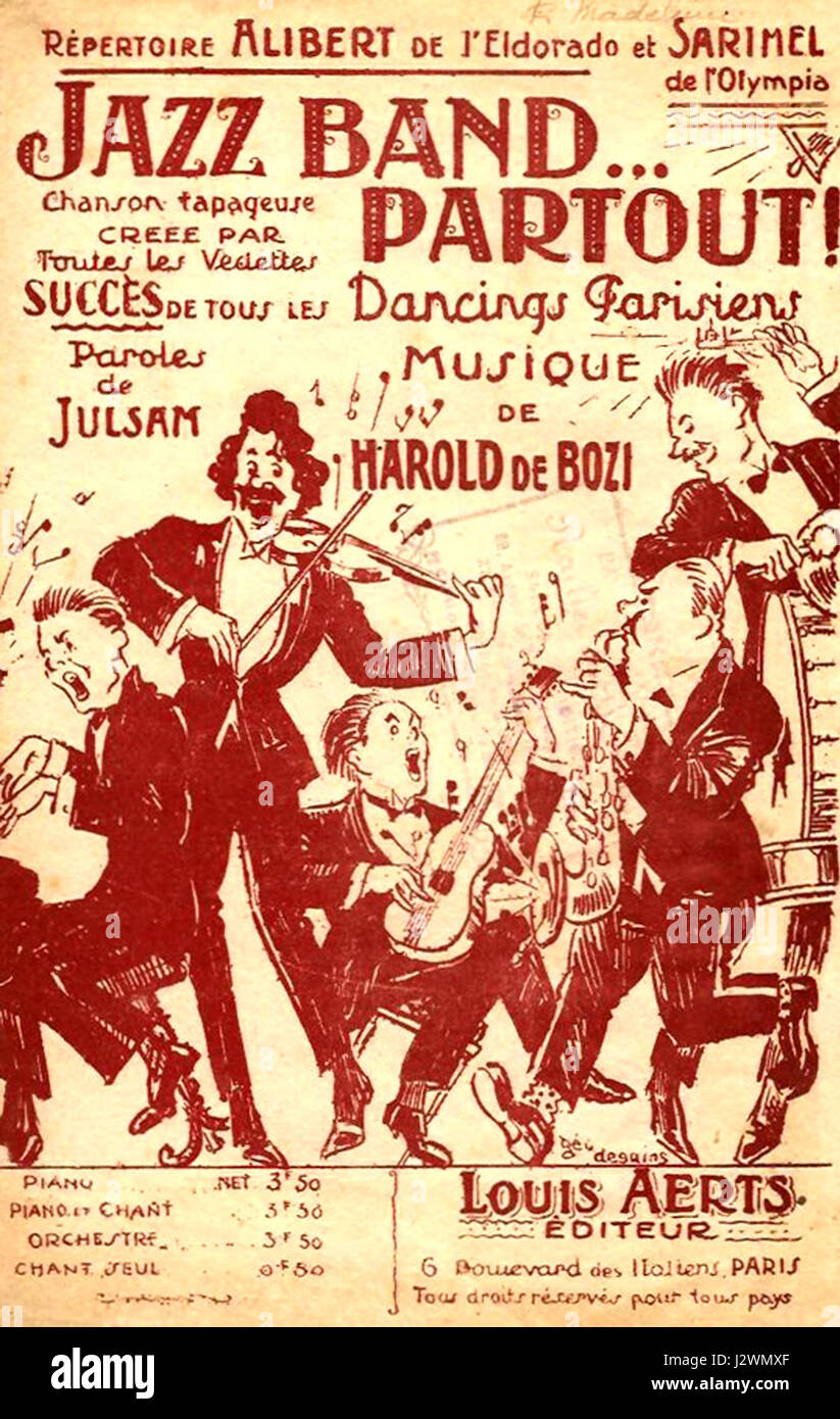 „Alibert, Jazzband... Partout bezieht sich auf ein Jazz-Musikensemble, möglicherweise eine Aufnahme oder Aufführung von Alibert, die sich auf Jazz als Musikgenre konzentriert. Der Titel deutet auf einen lebhaften, weit verbreiteten Einfluss der Jazzmusik hin. Stockfoto