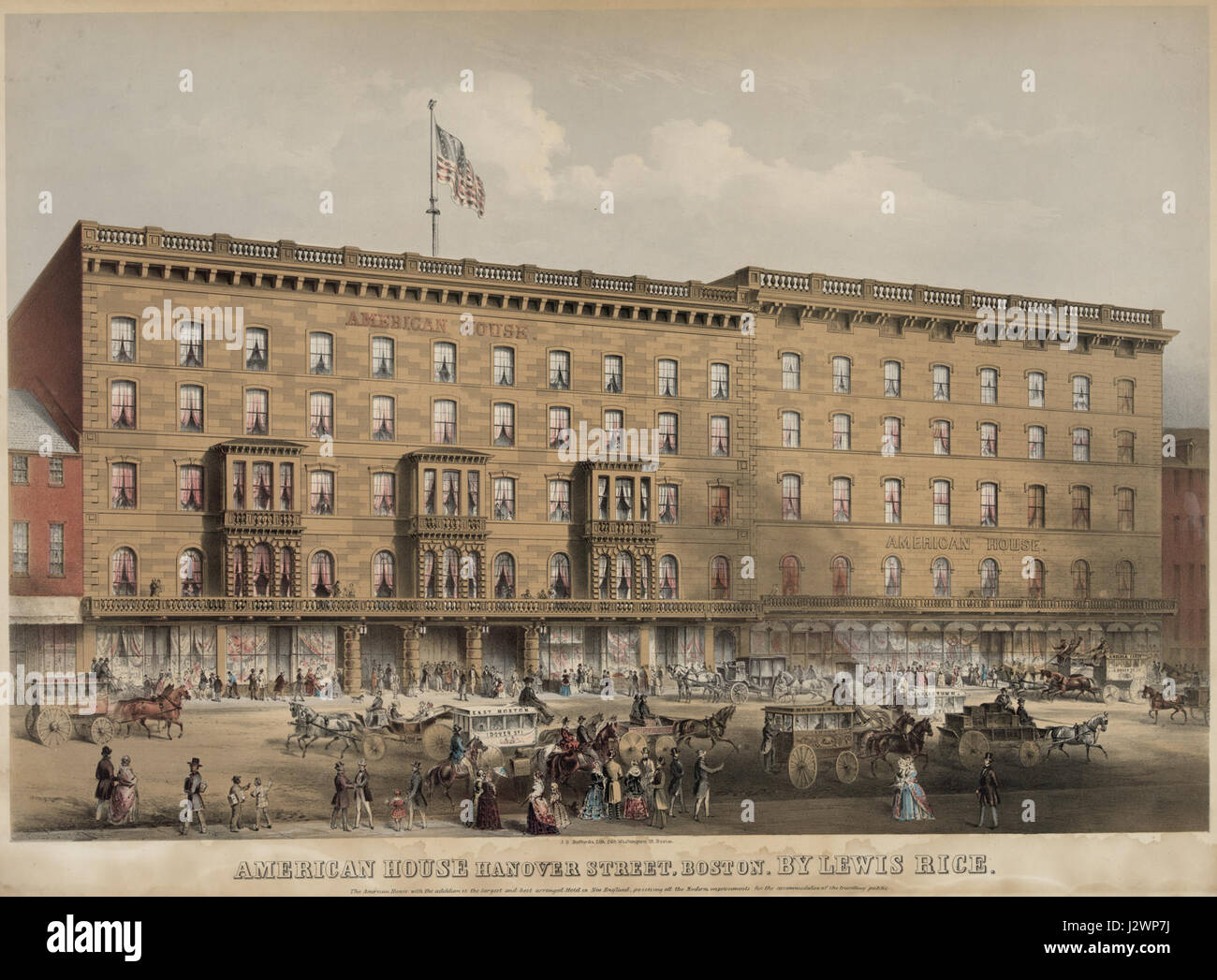 Diese Darstellung des American House in Boston von JH Bufford zeigt einen historischen Blick auf eines von Bostons prominenten Gebäuden aus dem 19. Jahrhundert und gibt Einblicke in seine Architektur und soziale Bedeutung. Stockfoto Diese Darstellung des American House in Boston von JH Bufford zeigt einen historischen Blick auf eines von Bostons prominenten Gebäuden aus dem 19. Jahrhundert und gibt Einblicke in seine Architektur und soziale Bedeutung. Stockfoto