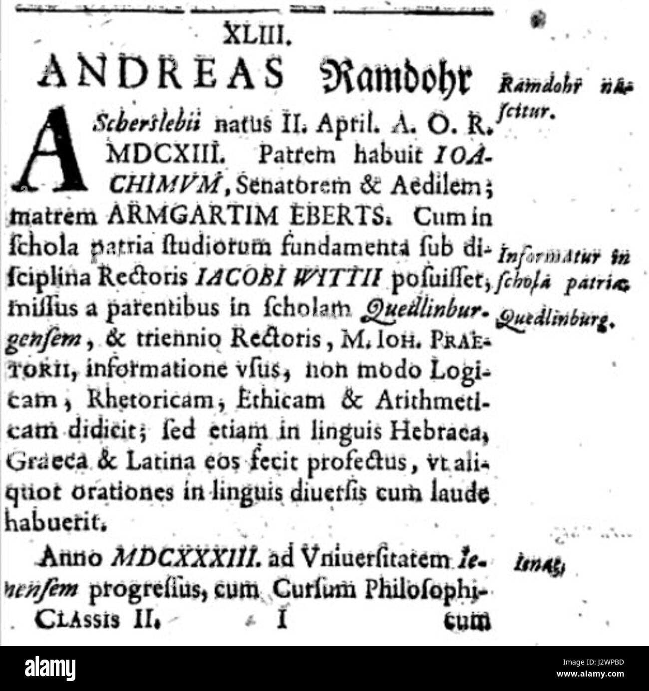 Andreas Ramdohr war ein deutscher Philosoph und Mathematiker, bekannt für seine Werke in Logik und Philosophie. Seine Abhandlung „Vita“ von 1731 beschäftigt sich mit philosophischen Prinzipien und deren Anwendung auf mathematische Theorien. Stockfoto