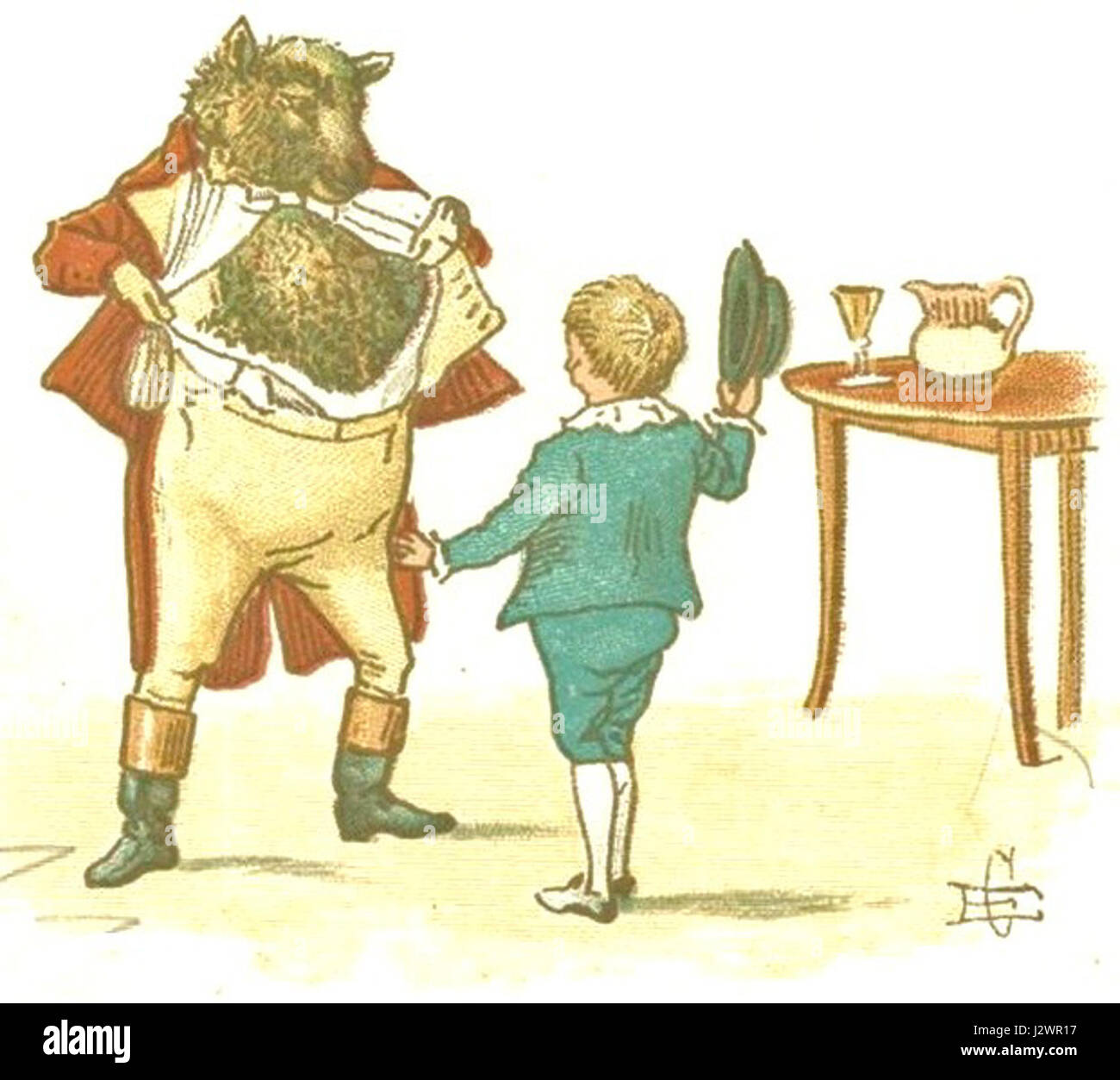 Diese Illustration aus dem Kinderreim *Baa Baa Black Sheep* bietet eine einfache, aber dauerhafte visuelle Darstellung des Kinderreims. Die Seite zeigt die Bilder des schwarzen Schafes und die Bitte um Wolle, ein üblicher Kinderreim aus der englischen Folklore. Stockfoto