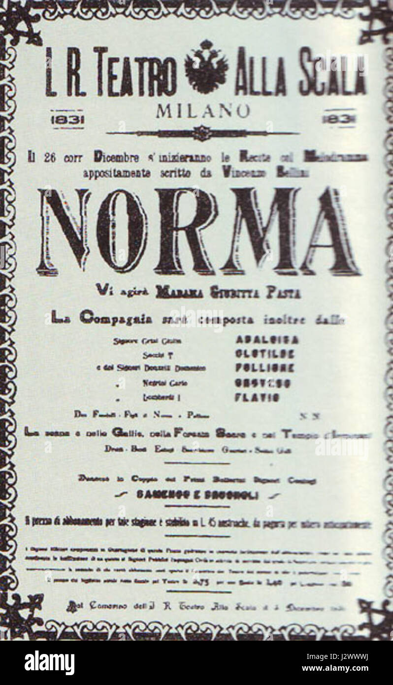 Dieses von Bellin-Norma aus dem Jahr 1831 entworfene Poster ist eine Werbung für eine Performance, die ein wichtiges kulturelles Ereignis im frühen 19. Jahrhundert darstellt und historische Kunst und Darbietungen hervorhebt. Stockfoto