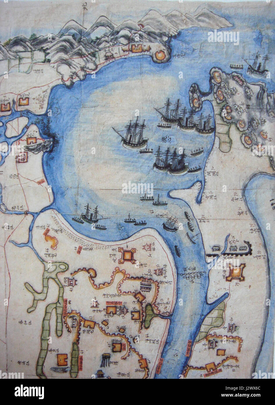 Diese vietnamesische Darstellung aus dem Jahr 1859 zeigt die Schlacht von Tourane und zeigt den Konflikt zwischen vietnamesischen Truppen und Franzosen während der Zeit des französischen Kolonialismus in Vietnam. Stockfoto