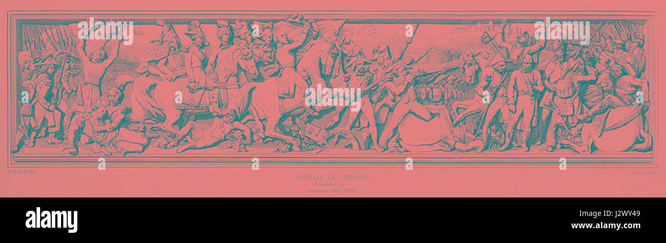 Das Basrelief von Jemmapes zeigt die Schlacht von Jemmapes, einen bedeutenden französischen Sieg während der Französischen Revolutionskriege, der die militärische Leistung ehrt. Stockfoto