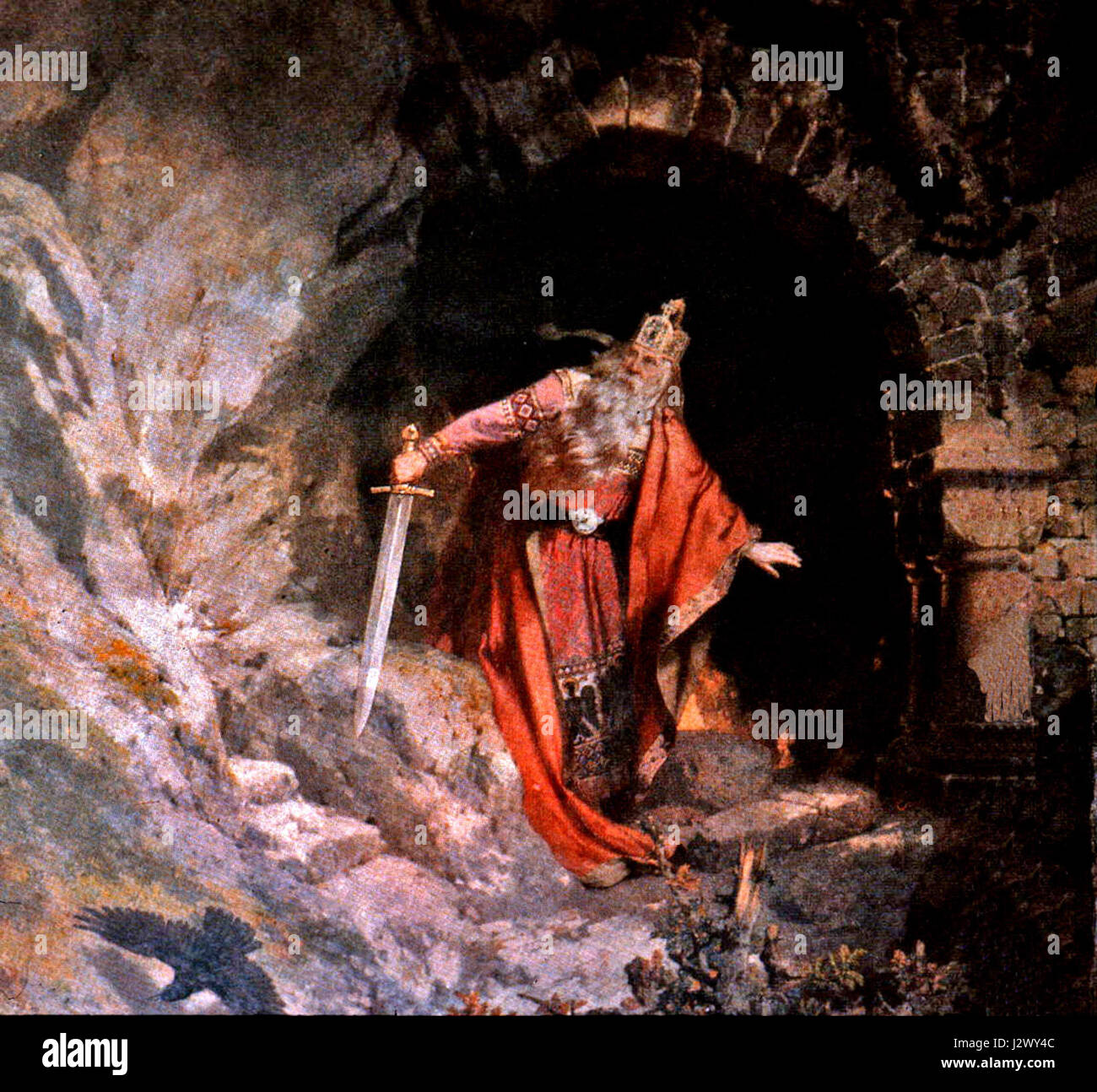 Barbarossas Erwachen ist ein Kunstwerk von Wislicenus, das den legendären Kaiser Friedrich Barbarossa darstellt. Das Gemälde stellt einen historischen Moment in der mittelalterlichen Geschichte dar, wobei der Schwerpunkt auf der Rückkehr der emperorâ liegt. Stockfoto