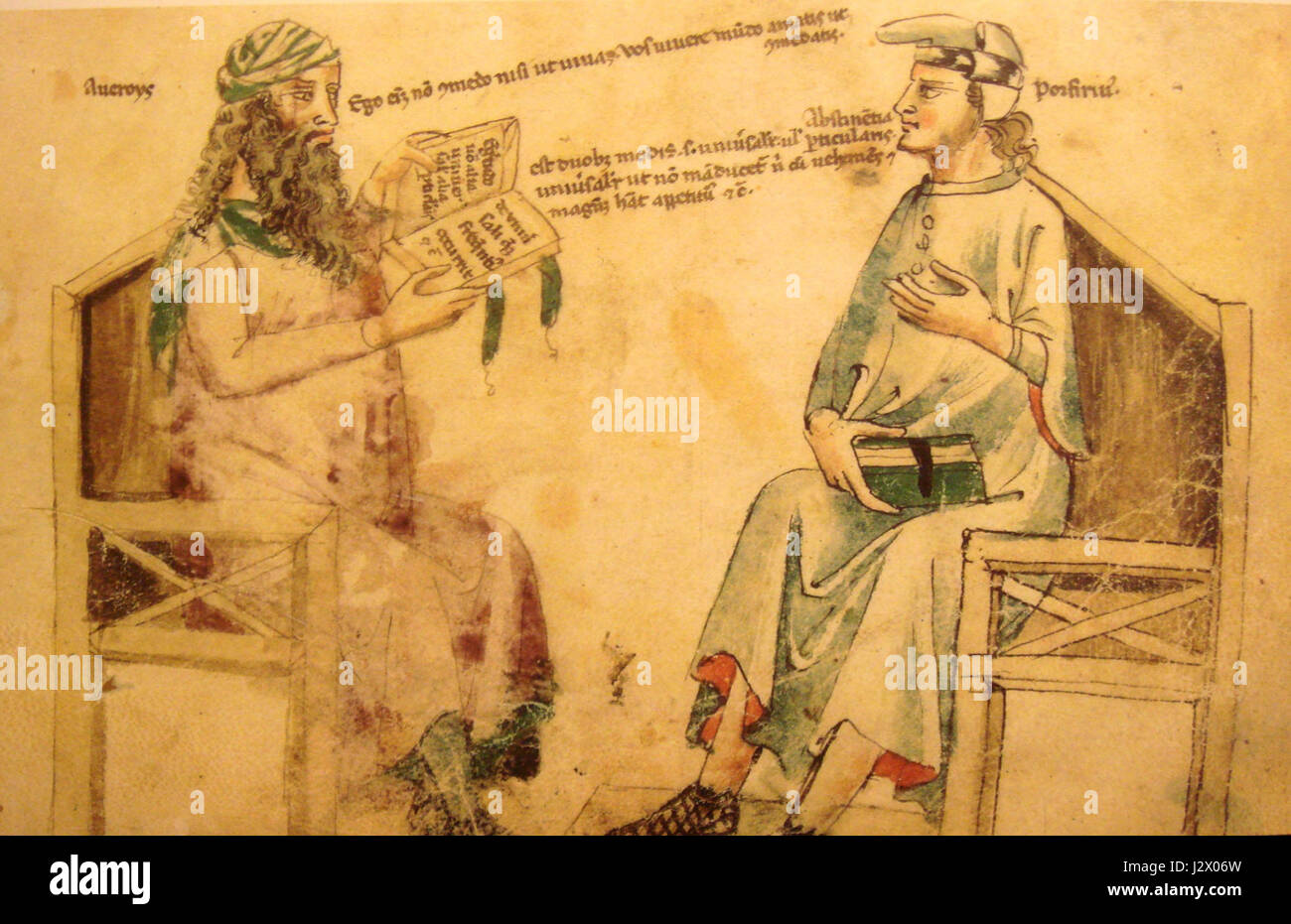 Averroes und Porphyry waren zwei bedeutende Philosophen in der Geschichte. Averroes, bekannt für seine Interpretation des Aristoteles, und Porphyry, berühmt für seine Werke über Logik, waren einflussreich in der mittelalterlichen Philosophie. Stockfoto