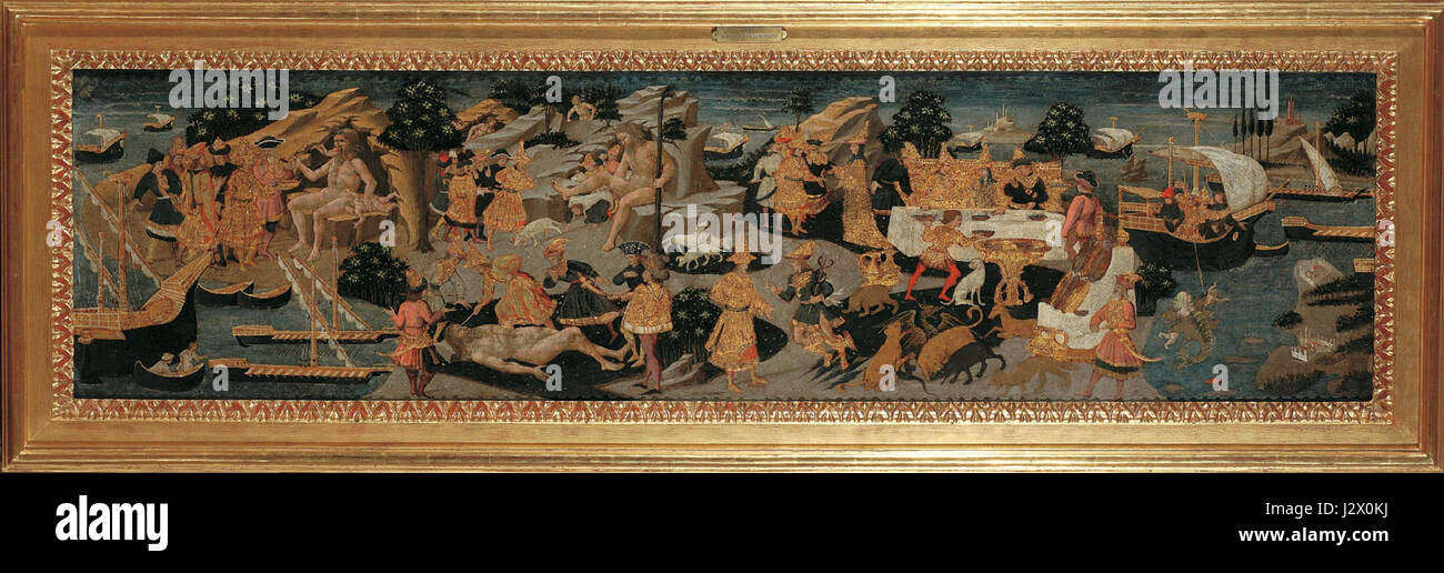 Dieser Titel bezieht sich auf die berühmten italienischen Renaissance-Künstler Apollonio di Giovanni und Marco del Buono, deren Werk „Le avventure di Ulisse“ (die Abenteuer des Ulysses) auf der Burg Wawel, einer historischen königlichen Stätte in KrakÃ³w, Polen, ausgestellt wird. Stockfoto
