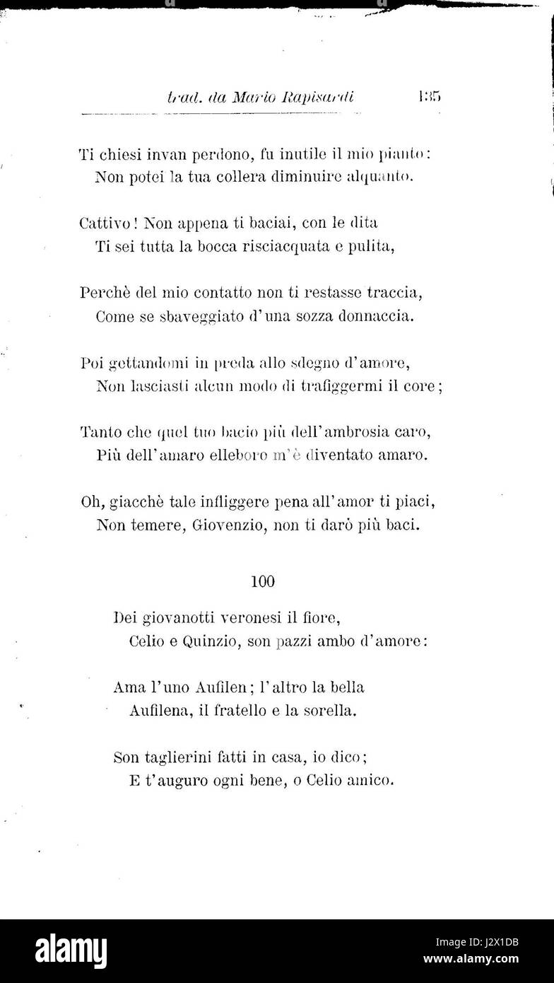 Catullo 135 ist ein klassisches Werk des römischen Dichters Gaius Valerius Catullus. Es ist eines seiner Gedichte, das emotionale Tiefe ausdrückt und sich oft mit Themen der Liebe, Eifersucht und persönlichen Reflexionen im Kontext der römischen Gesellschaft beschäftigt. Stockfoto