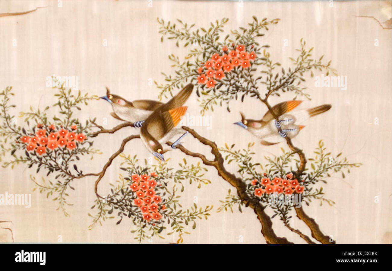 Die „Paisatge amb ocells“ (Landschaft mit Vögeln) des BMVB stellt eine orientalisch inspirierte Landschaft dar, in der Vögel in einer detaillierten und ruhigen Umgebung dargestellt werden und die Einflüsse der östlichen Kunst in ihrem Design widerspiegeln. Stockfoto
