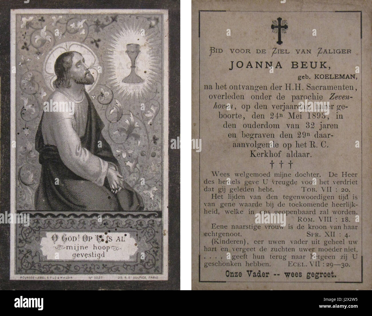 Bidprentje 1893 bezieht sich auf einen religiösen Druck oder eine Gebetskarte aus dem Jahr 1893. Diese Karten werden in der Regel in den Niederlanden verwendet und erinnern an Einzelpersonen, oft zu Gedenkzwecken oder zu religiösen Zwecken. Stockfoto Bidprentje 1893 bezieht sich auf einen religiösen Druck oder eine Gebetskarte aus dem Jahr 1893. Diese Karten werden in der Regel in den Niederlanden verwendet und erinnern an Einzelpersonen, oft zu Gedenkzwecken oder zu religiösen Zwecken. Stockfoto