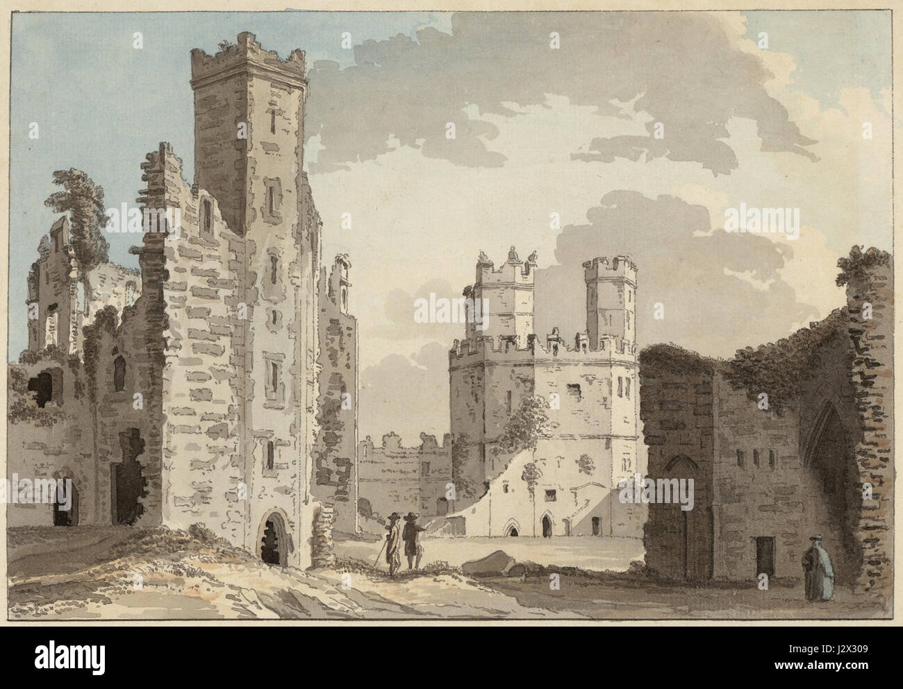 Ein Aquarellgemälde, das das Innere von Caernarfon Castle, einer ikonischen Festung in Wales, darstellt. Die Steinmauern, Türme und historischen Elemente der castleâ sind für ihre mittelalterliche Architektur bekannt und werden in diesem Kunstwerk detailreich erfasst. Stockfoto