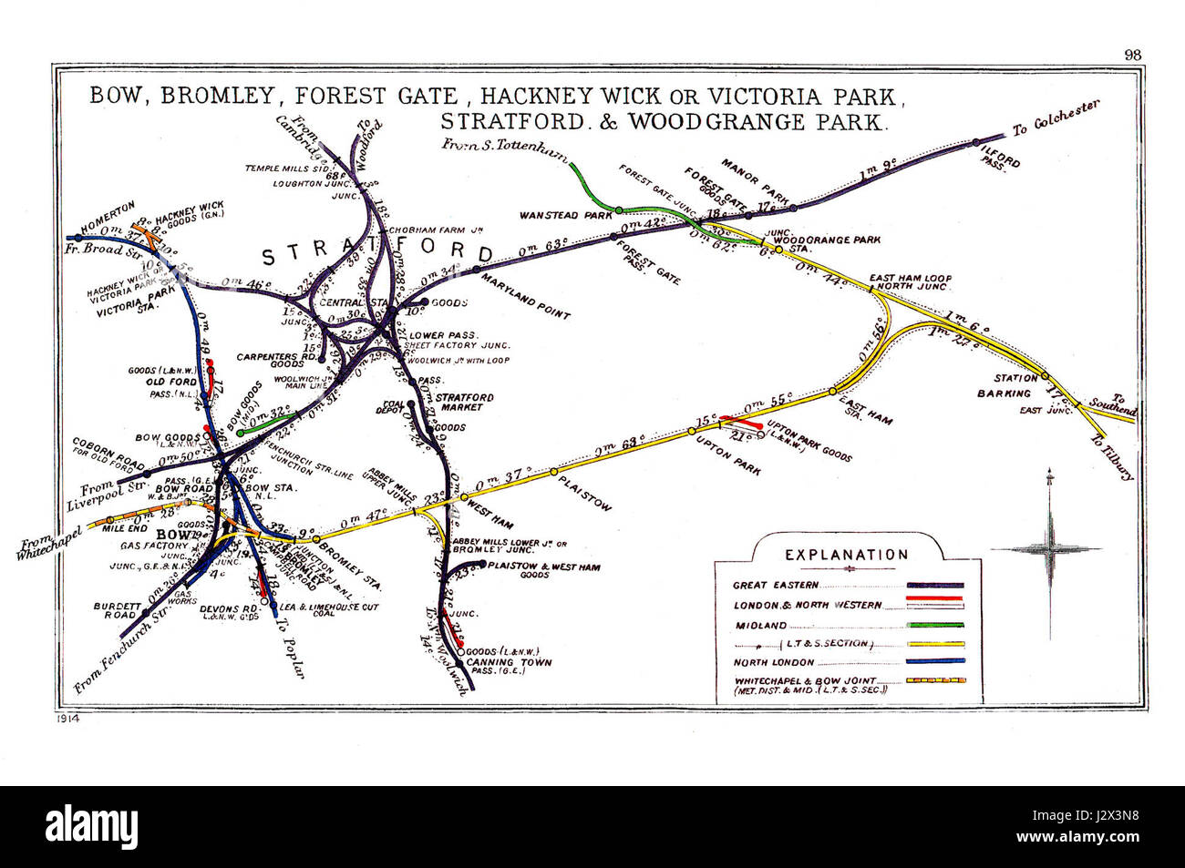 Bogen, Bromley, Firest Tor, hackney Wick oder Victoria Park, Stratford & Woodgrange Park RJD 98 Stockfoto