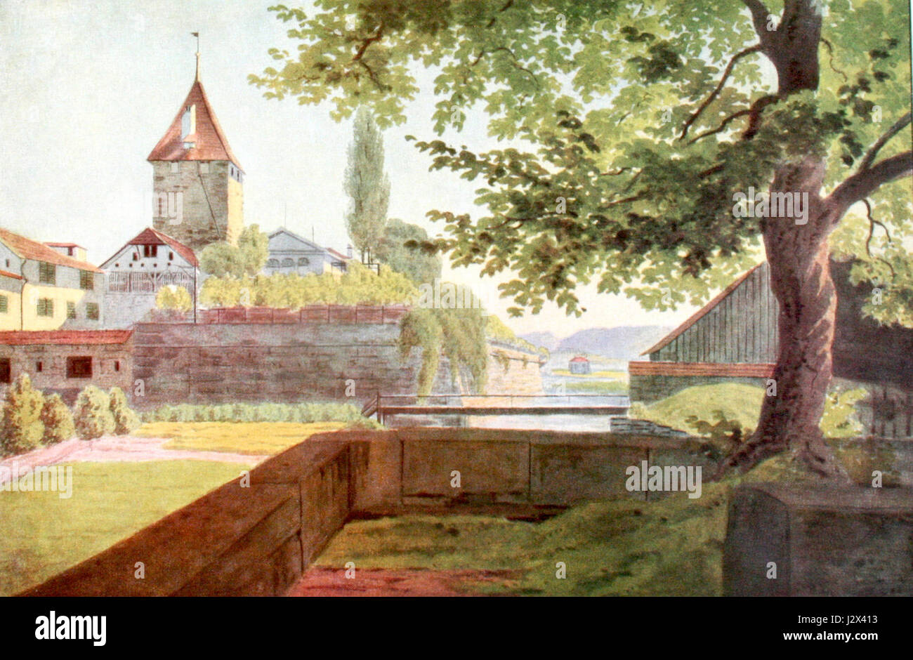 Eine historische Szene oder ein Kunstwerk aus dem Jahr 1828 mit dem Titel „Baugarten“, das möglicherweise mit einem Garten oder einer natürlichen Umgebung zusammenhängt, die Kunst und Kultur in dieser Zeit beeinflusste. Stockfoto