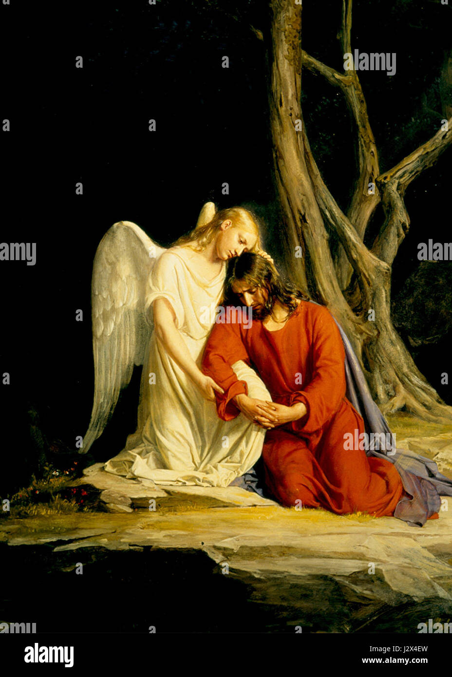 Carl Heinrich Blochs „Gethsemane“ ist ein berühmtes religiöses Gemälde, das den Moment des Gebets Jesu Christi im Garten Gethsemane darstellt. Das Werk wird für seine emotionale Tiefe und seine detaillierte Komposition gefeiert. Stockfoto