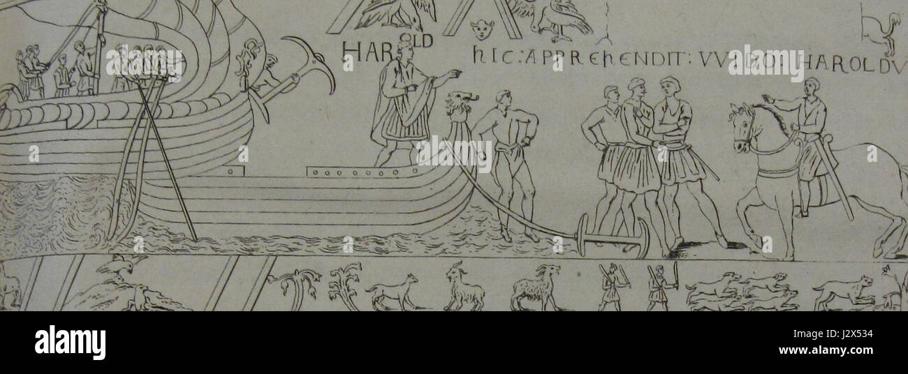 Der Bayeux Tapestry ist ein ikonisches gesticktes Tuch, das die Ereignisse vor der normannischen Eroberung Englands im Jahr 1066 darstellt. Dieser Abschnitt, bekannt als de Montfaucon, zeigt detaillierte historische Szenen und ist eines der bedeutendsten Werke mittelalterlicher Kunst. Stockfoto