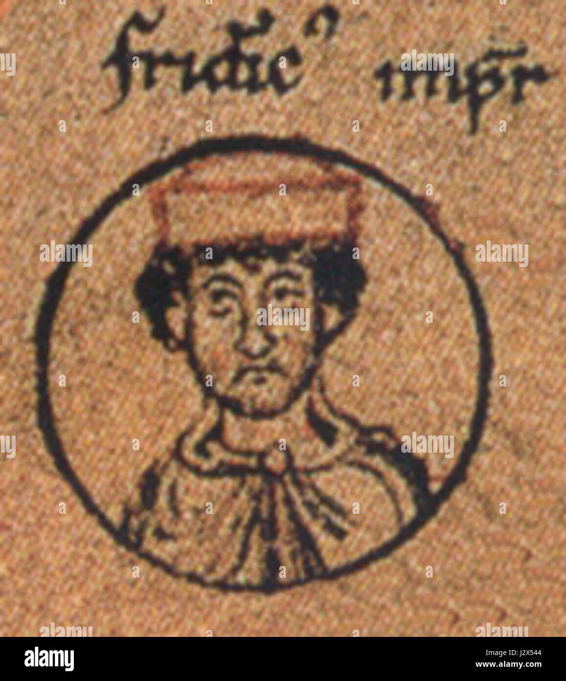 Bild einer Seite aus der „Barbarossa-Chronik“ mit mittelalterlichen Illustrationen und Text über Kaiser Friedrich Barbarossa. Stockfoto