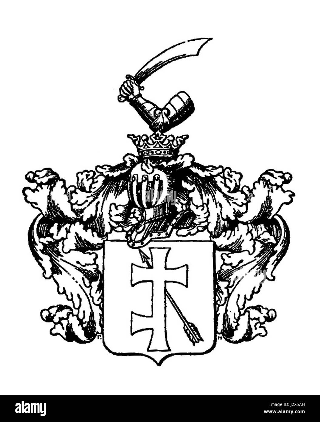 Das Andreevskij-Wappen ist ein Symbol des Adels aus dem Russischen Reich, das historisch mit der Familie Andrejew in Verbindung gebracht wurde. Es verfügt über ein unverwechselbares Design, das das Erbe und Erbe der Familie repräsentiert. Stockfoto