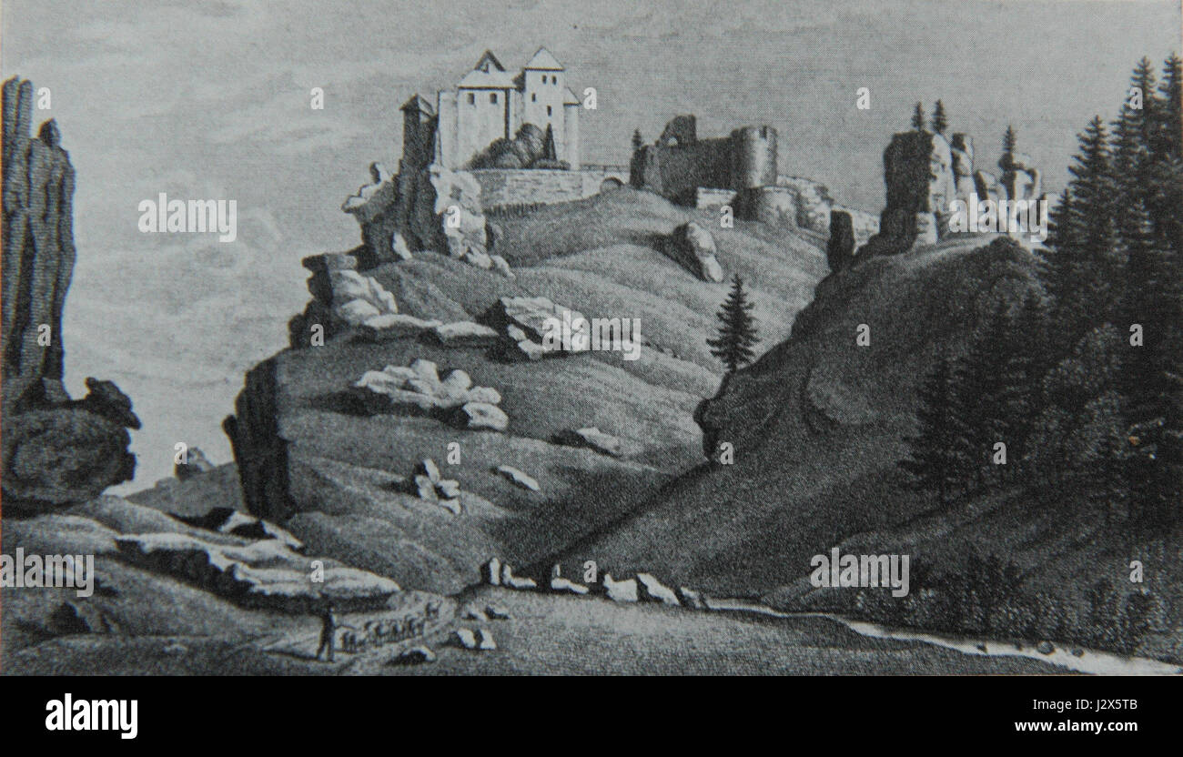 Die Burg-Rabeneck ist ein historisches Schloss in Deutschland, das in dieser alten Ansicht gezeigt wird und dessen architektonische Gestaltung und Rolle in der feudalen Geschichte der Region widerspiegelt. Die Burg war ein Schlüsselsymbol im lokalen Erbe der Gegend. Stockfoto