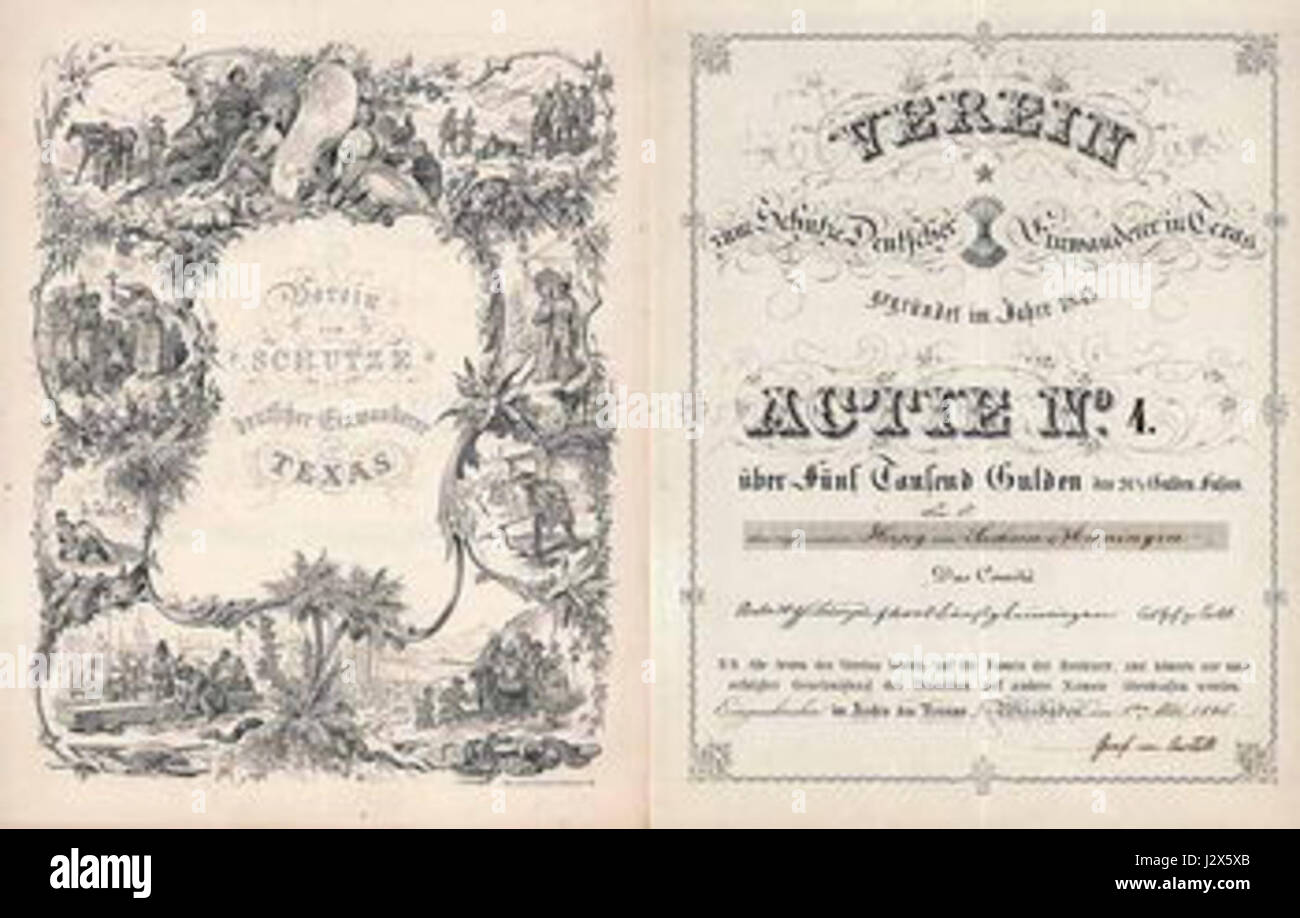 Dieser Begriff bezieht sich auf den „Aktien-Adelsverein“, ein Finanzinstitut oder Unternehmen, das an der Kolonialisierung von Texas im 19. Jahrhundert beteiligt war. Sie ist mit den Bemühungen deutscher Siedler verbunden, Kolonien in Texas zu gründen. Stockfoto