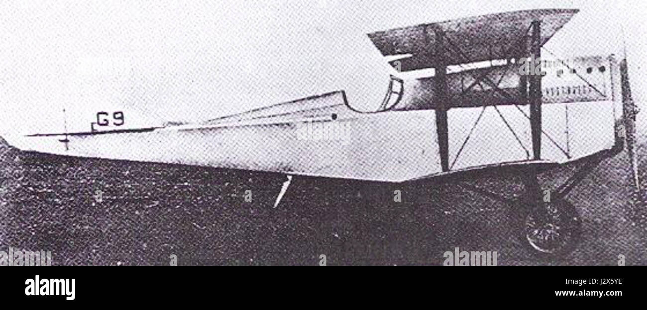 Die Gabardini G.9 ist ein historisches Flugzeug, und die Seitenansicht hebt das Design und die strukturellen Merkmale hervor. Bekannt für seine Rolle in der frühen Luftfahrt, ist das Flugzeug für seine markante Rumpf- und Flügelkonfiguration bekannt, die Luftfahrtinnovation des frühen 20. Jahrhunderts repräsentiert. Stockfoto