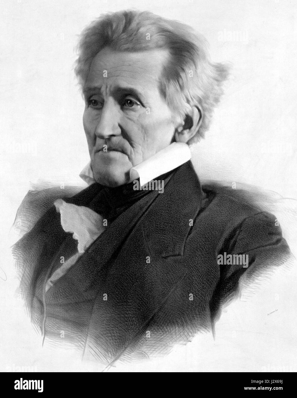 Eine Lithografie von Andrew Jackson, erstellt von Lafosse im Jahr 1856. Die Lithografie zeigt Jackson in einem detaillierten, steingezeichneten Bild, das eine visuelle Darstellung des 7. US-Präsidenten in der Mitte des 19. Jahrhunderts bietet. Stockfoto