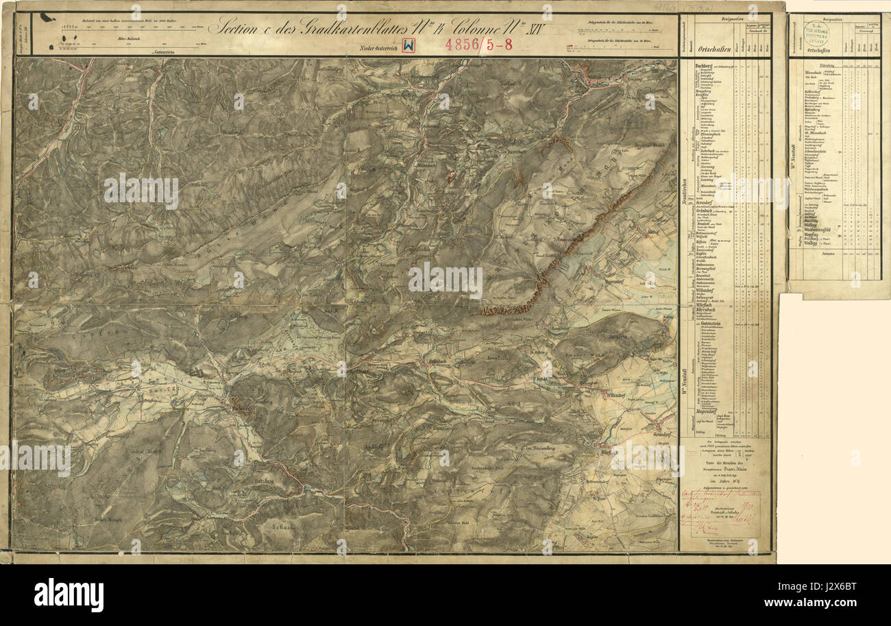 Diese Karte mit der Bezeichnung Aufnahmeblatt 4856 zeigt die Topographie von Puchberg am Schneeberg und hohe Wand in Österreich. Es beschreibt das bergige Gelände, die Wahrzeichen und die umliegenden Naturmerkmale und bietet einen Einblick in die Geographie der Region. Stockfoto