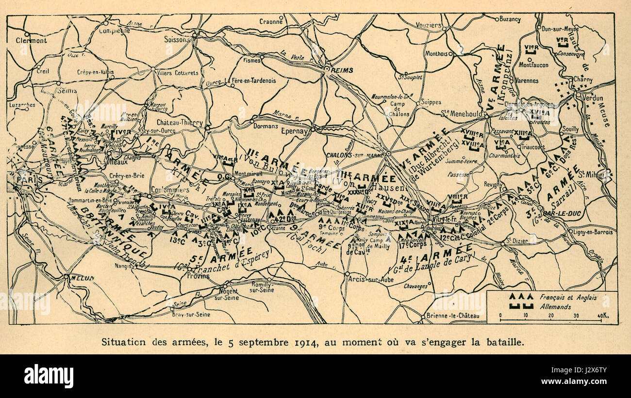 Dieser historische Bezug bezieht sich auf die Schlacht an der Marne, die vom 6. Bis 12. September 1914 während des Ersten Weltkriegs ausgetragen wurde. Es war eine entscheidende Schlacht, die den deutschen Vormarsch nach Frankreich stoppte und einen Wendepunkt im Krieg markierte. Stockfoto