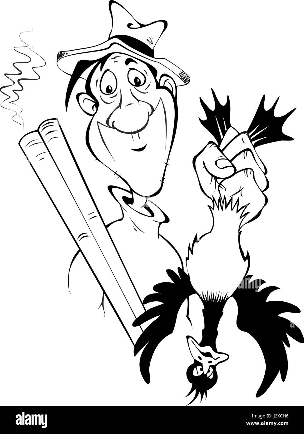 Cartoon-Figur - ein Jäger mit einer Waffe und eine Ente in der Hand. Black And White hand gezeichnete Abbildung. Isoliert auf weißem Hintergrund. Stock Vektor