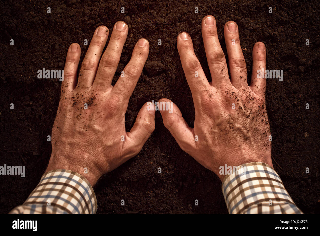 Bauern-Hände auf fruchtbaren Boden, Mann schätzen, Natur und Umwelt Stockfoto