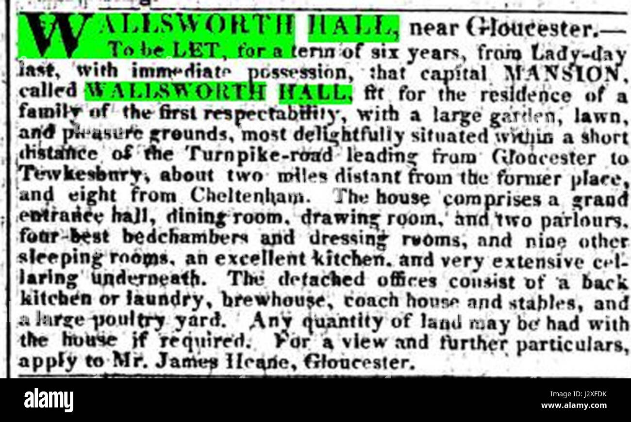 Die Werbung für die Wallsworth Hall im Jahr 1822 förderte die Halle wahrscheinlich als Veranstaltungsort oder Privatgrundstück zum Verkauf oder zur Miete. Es ist Teil des historischen Immobilienmarktes im 19. Jahrhundert. Stockfoto