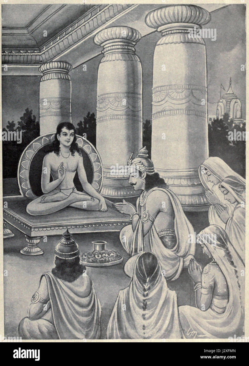 Die „Anbetung von Sukhadeva“ zeigt den Moment, in dem König Janaka vom alten Indien den Weisen Sukhadeva verehrt. Diese Szene zeigt die religiöse Hingabe und die Rolle spiritueller Figuren an alten indischen königlichen Höfen. Stockfoto