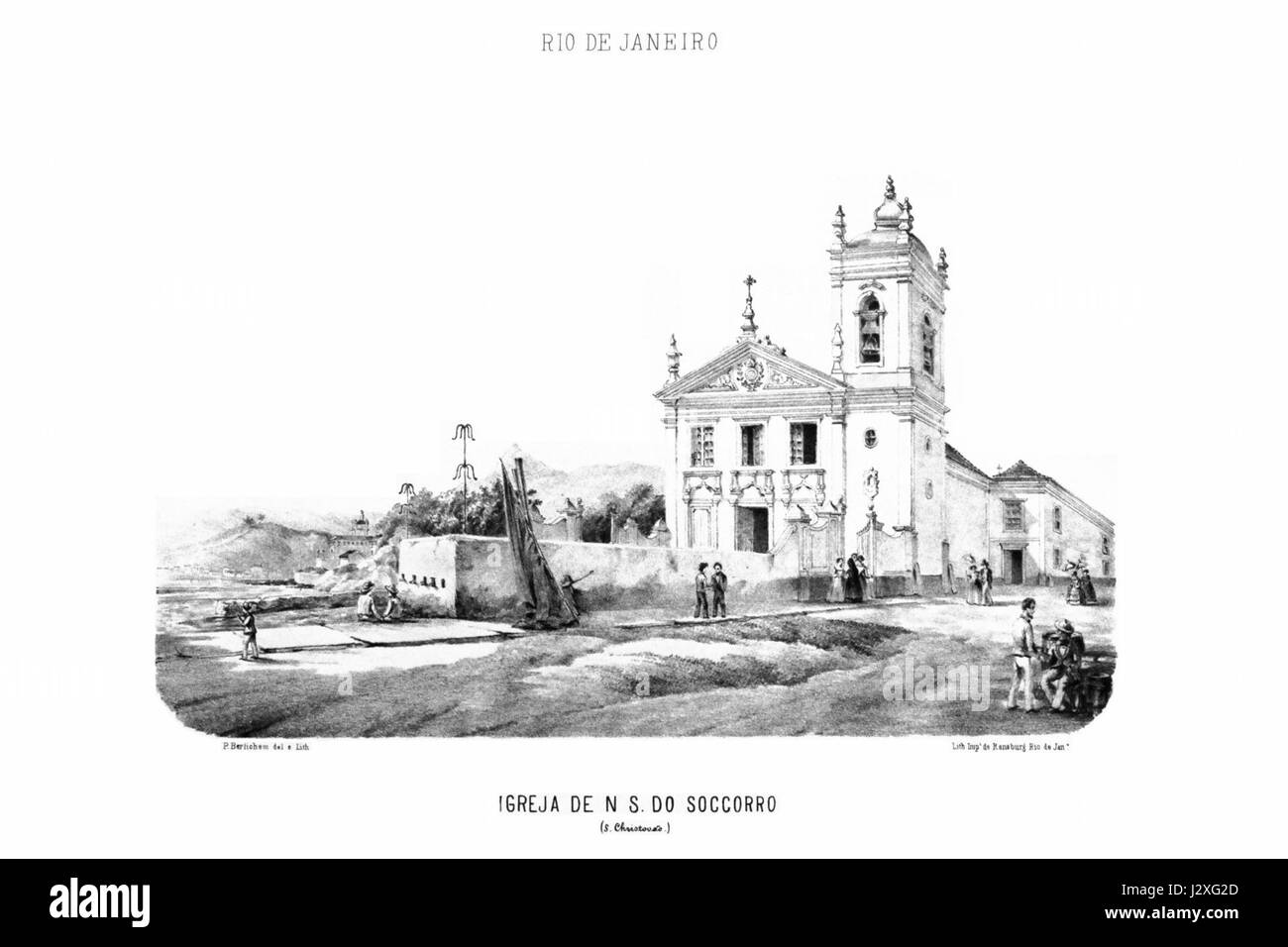 Bertichems Darstellung der Igreja Nossa Senhora do Socorro, einer historischen Kirche, die 1856 erbaut wurde und religiöses und architektonisches Erbe in Brasilien widerspiegelt. Stockfoto