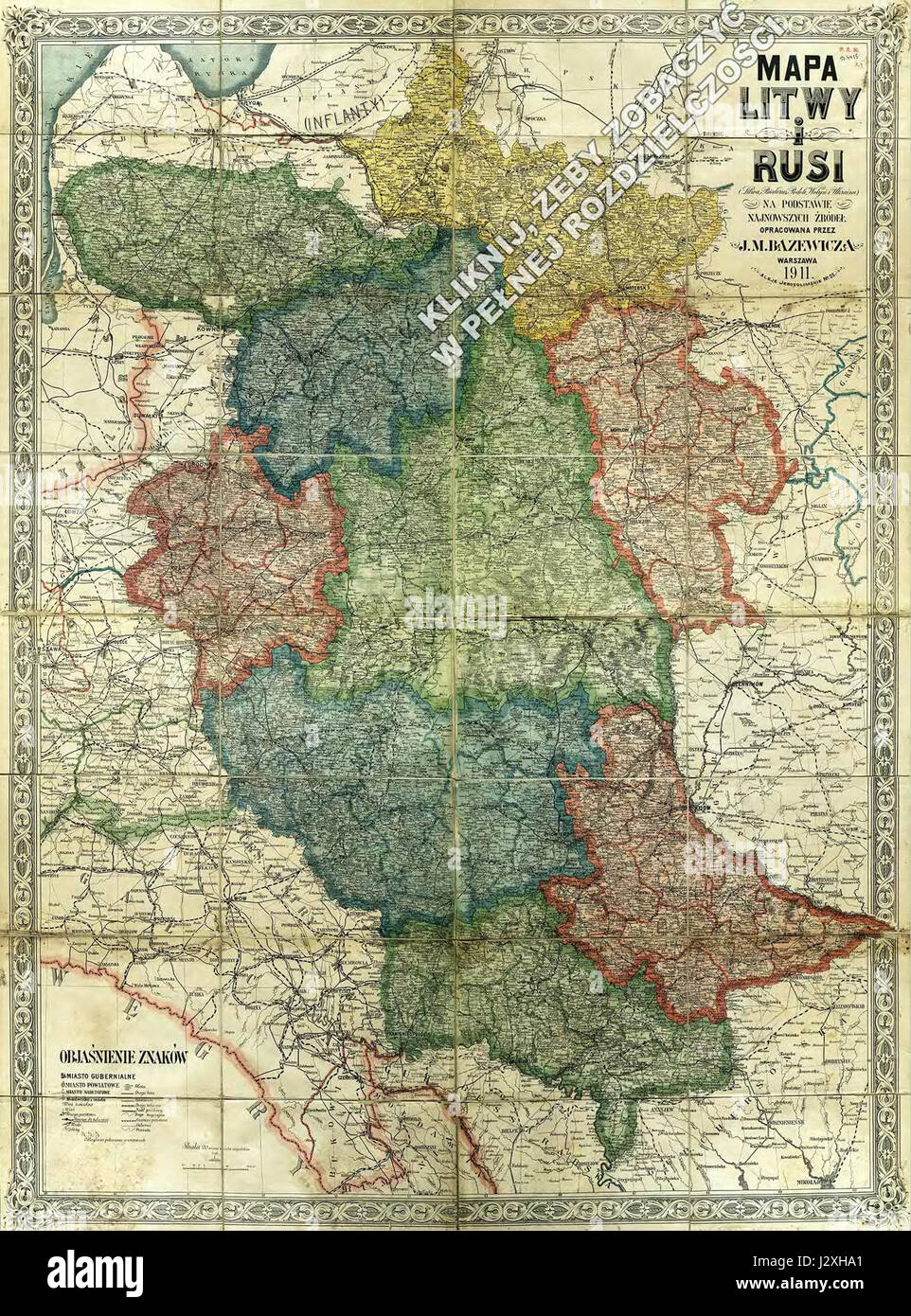 Die Karte von Bazewicz aus dem Jahr 1911 zeigt Litauen und Russland und zeigt geographische Besonderheiten und Grenzen im östlichen Europa des frühen 20. Jahrhunderts. Es gibt Einblicke in die politische Landschaft dieser Zeit. Stockfoto