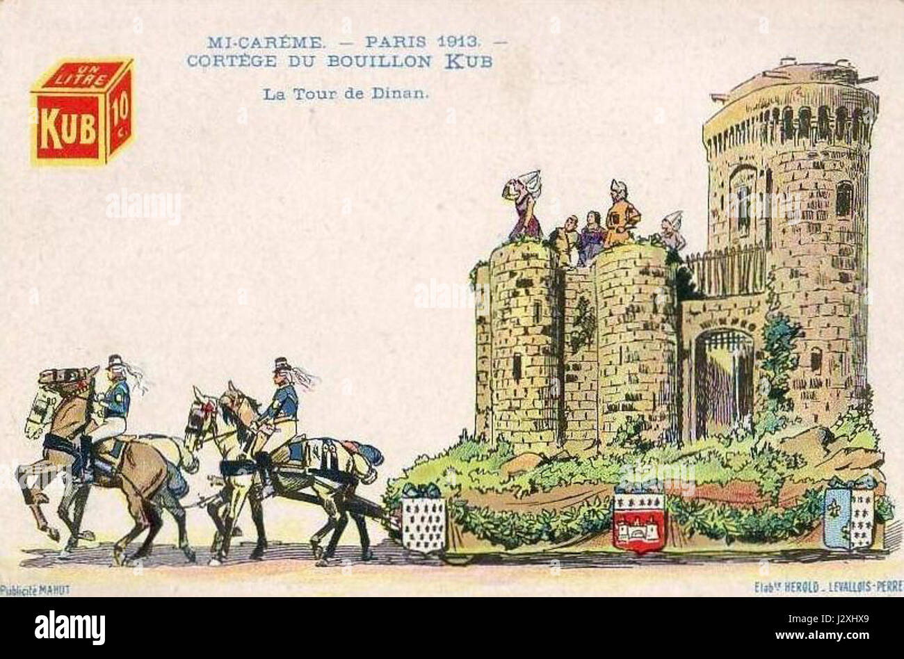 Eine historische Darstellung von Bouillon Kub aus dem Jahr 1913 mit der La Tour de Dinan, einem prominenten Wahrzeichen in Frankreich, die seine architektonische und historische Bedeutung unterstreicht. Stockfoto