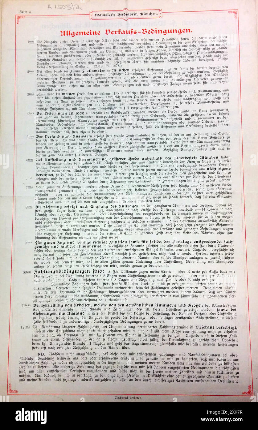 Dies bezieht sich auf die allgemeinen Geschäftsbedingungen für Wamsler, ein Unternehmen, das möglicherweise mit Industrie- oder Konsumgütern in Verbindung steht. Sie enthält vertragliche Verpflichtungen, rechtliche Bedingungen und Bedingungen für Transaktionen oder Vereinbarungen. Stockfoto