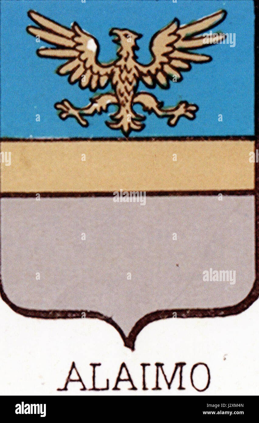 Blasone famiglia alaimo bezieht sich auf ein Familienwappen, das die Familie Alaimo mit ihren heraldischen Symbolen repräsentiert. Stockfoto