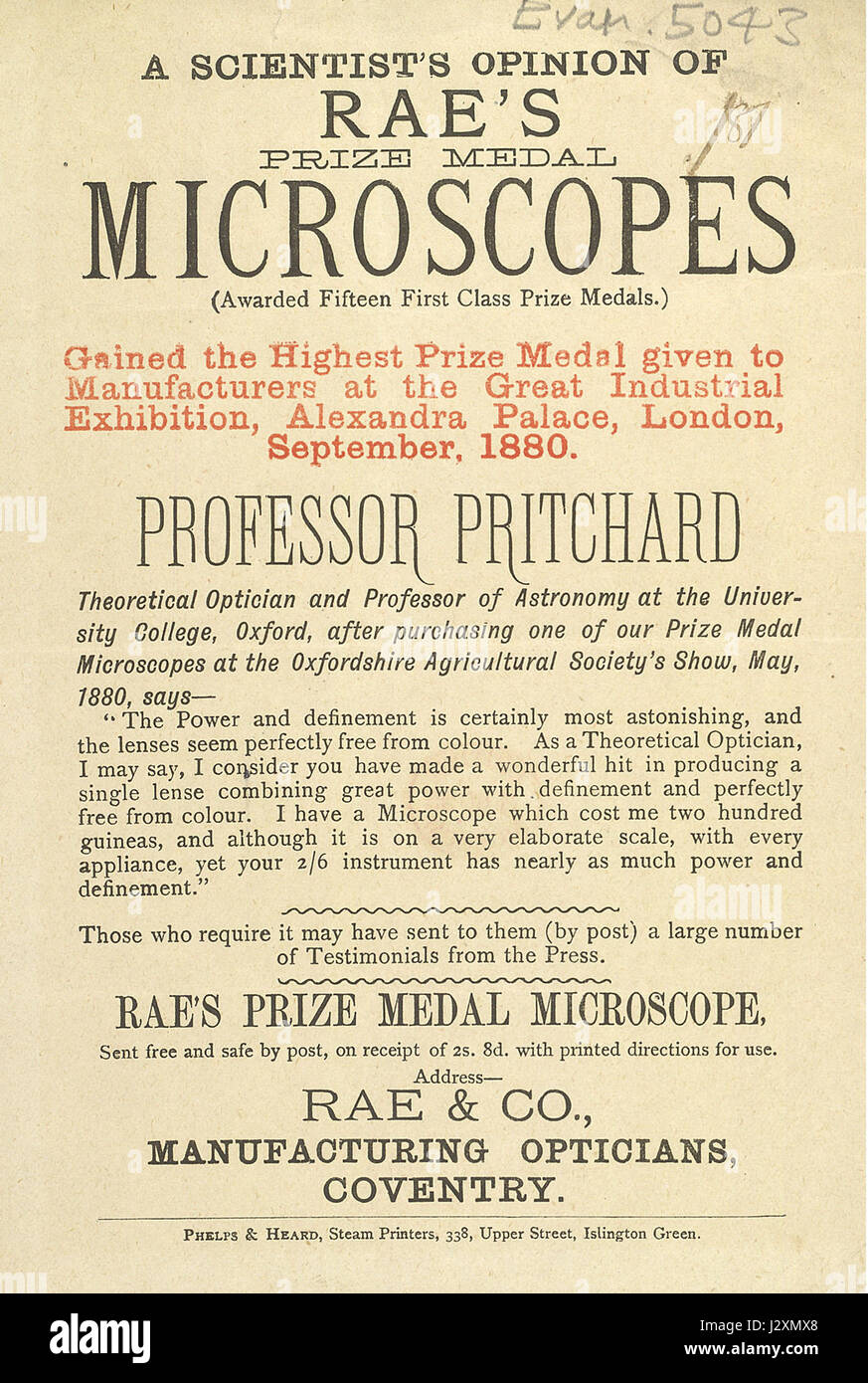 Anzeige für Raes Mikroskope, 1880 Stockfoto