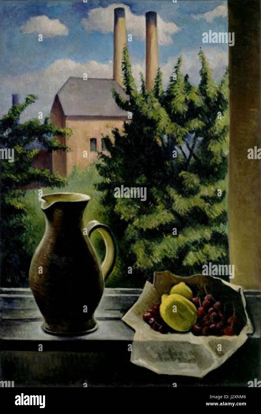 Alexander Kanoldts Gemälde „Stilleben mit Fensterausblick“ von 1936 fängt ein Stillleben mit Blick durch ein Fenster ein und zeigt seine Meisterschaft in der Aufnahme von Licht- und Hausszenen, typisch für den deutschen Realismus des frühen 20. Jahrhunderts. Stockfoto