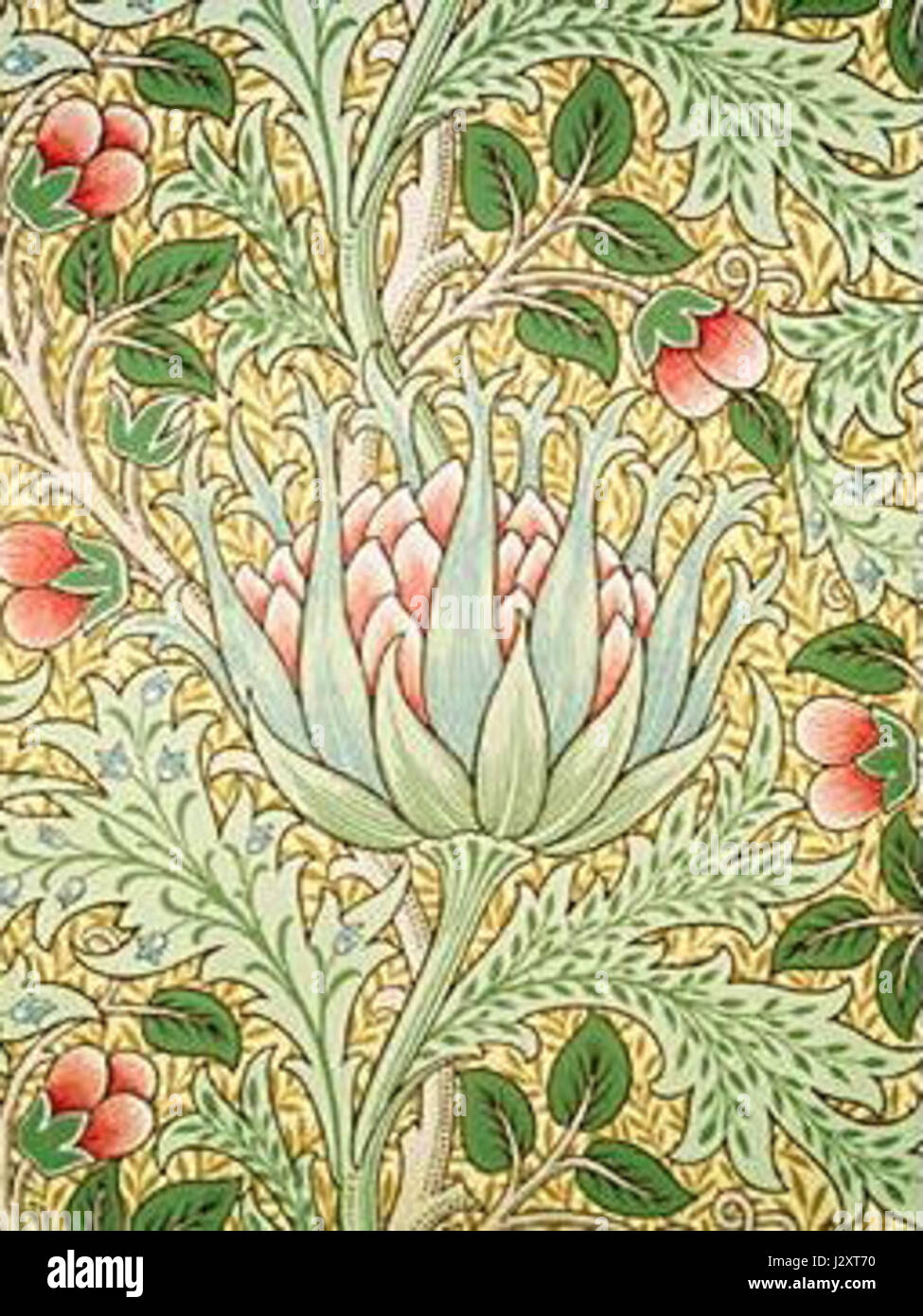 Diese Artischocken-Tapete, entworfen von J.H. Dearle für Morris and Co., besticht durch ein reichhaltiges botanisches Design mit komplizierten Mustern, das den Fokus der Arts and Crafts Bewegung auf handwerkliches Können und von der Natur inspirierte Kunst veranschaulicht. Stockfoto