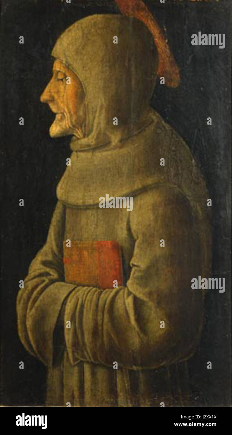 Bernardino von Siena, ein Franziskanerbruder, war ein bekannter Prediger und Missionar im Italien des 15. Jahrhunderts. Seine Werke und Predigten betonten die Verehrung des christlichen Glaubens. Juraj Culinovic war wahrscheinlich ein Künstler oder Handwerker, der an der Darstellung religiöser Themen dieser Zeit beteiligt war. Stockfoto