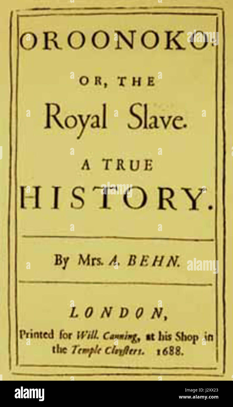 Die Titelseite von Behns „Oroonoko“ (1688) stellt die Erzählung des afrikanischen Prinzen Oroonoko vor und erforscht Themen der Sklaverei, des Kolonialismus und der menschlichen Lage. Der Roman ist einer der ersten, der diese Probleme aus einer kritischen Perspektive anspricht. Stockfoto