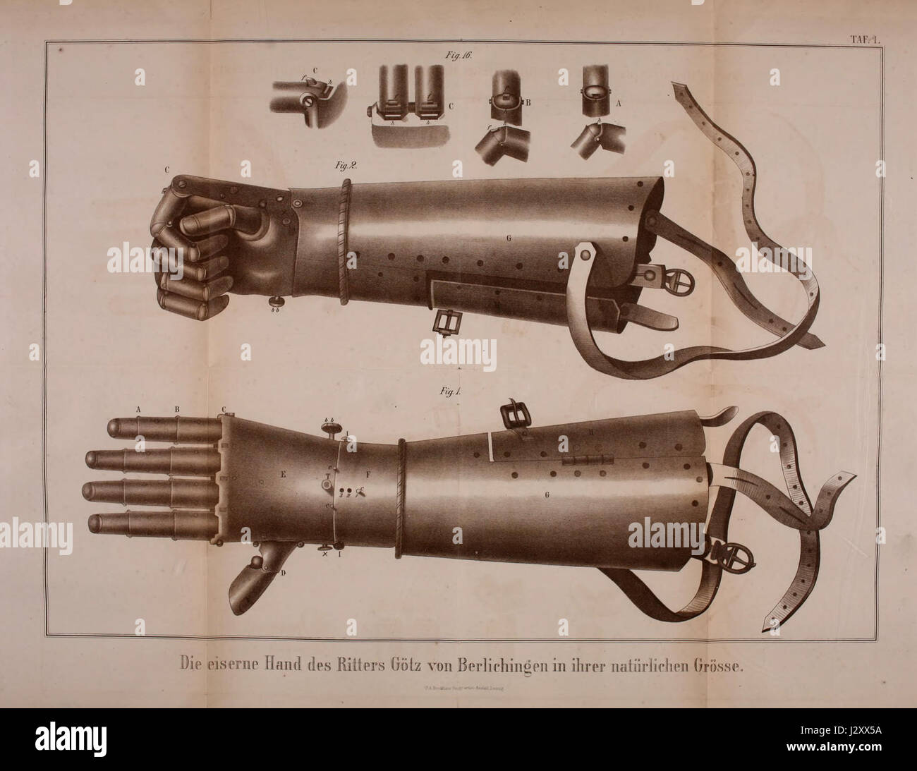 Eine historische Darstellung der berühmten gepanzerten Hand von GÃ¶tz von Berlichingen, einem Ritter aus dem Heiligen Römischen Reich, bekannt für seine mechanische Handprothese. Stockfoto