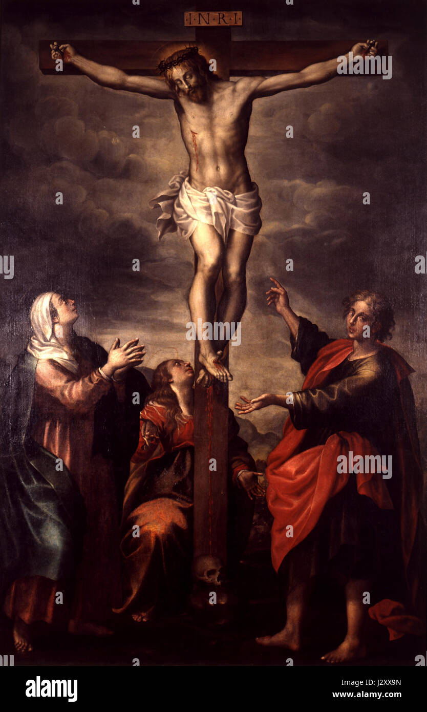 Dieses Kunstwerk von Bernabei zeigt die Kreuzigung mit der Jungfrau Maria und den Heiligen. Es ist ein religiöses Stück, das einen Schlüsselmoment in der christlichen Kunst und Theologie darstellt. Stockfoto