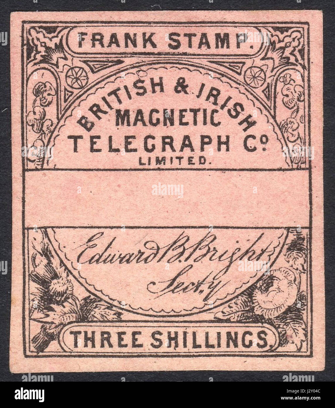 Bild einer 3-Schilling-Marke, die um 1862 von der British & Irish Magnetic Telegraph Company herausgegeben wurde, die für die fehlende Kontrollnummer bekannt war, was darauf hindeutet, dass es sich um Überschussbestände handelte. Stockfoto