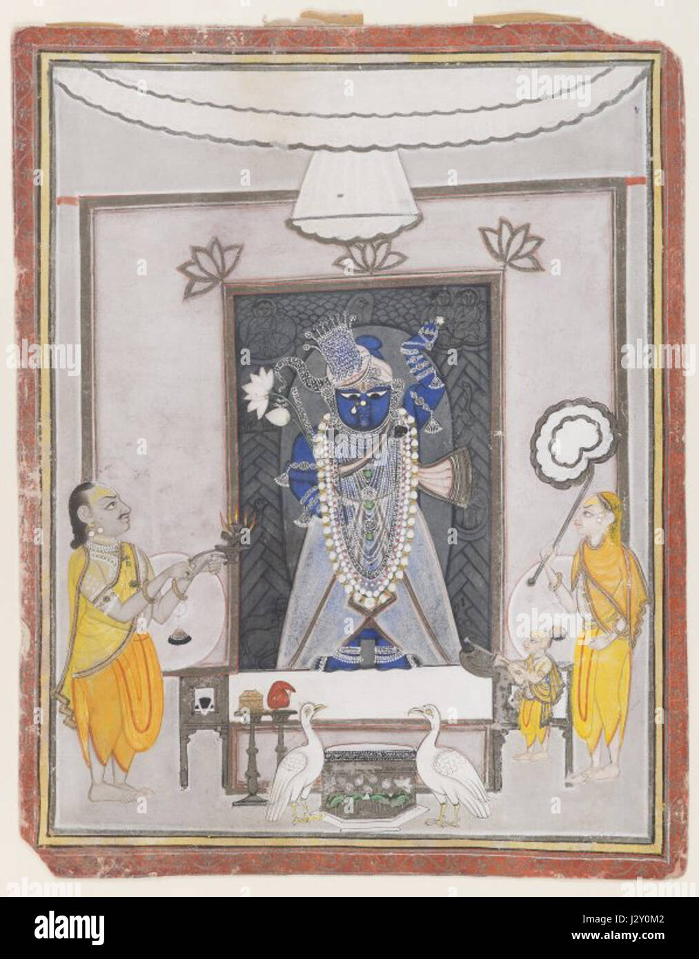 Die „Anbetung von Shri Nathaji“ ist ein religiöses Kunstwerk im Brooklyn Museum, das den hinduistischen Gott Shri Nathaji in einer Anbetungsszene darstellt. Das Stück stellt einen wichtigen Aspekt der religiösen Praktiken und Ikonographie der Hindus dar. Stockfoto