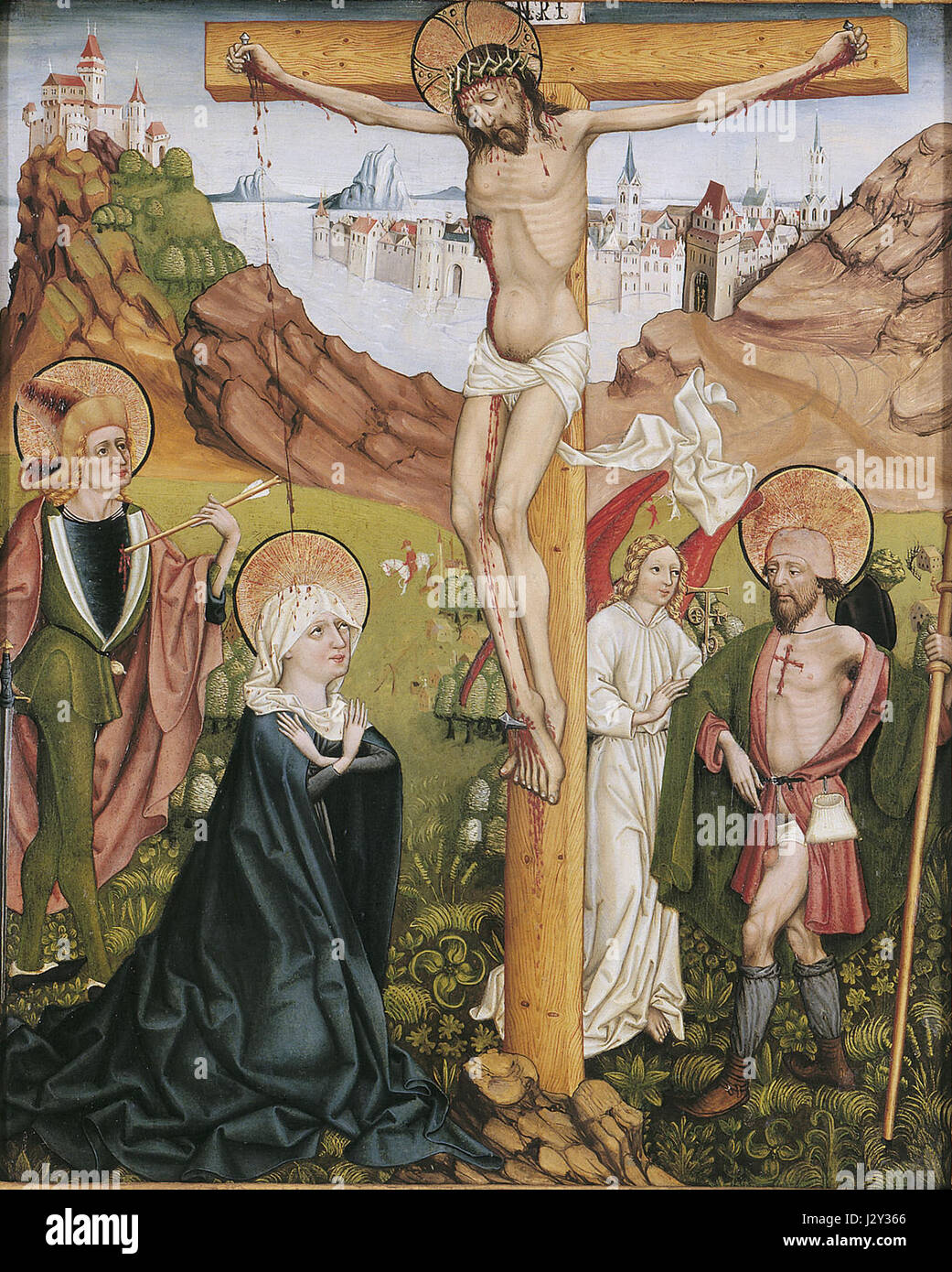 Dieses Stück bezieht sich auf eine Darstellung der *Kreuzigung* aus dem Kloster Admont, einem Benediktinerkloster in Österreich. Das Kunstwerk ist eine ikonische Darstellung der Kreuzigung Christi, die oft in der religiösen Kunst des Mittelalters und der Renaissance zu finden ist. Stockfoto