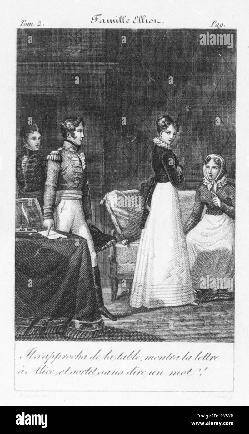 Ein Frontstück aus Jane Austens „La Famille Elliot“, einer französischen Ausgabe ihres Romans „Persuasion“, mit einer Illustration oder einem Design, das die Themen des Romans Familie und Beziehungen widerspiegelt. Stockfoto