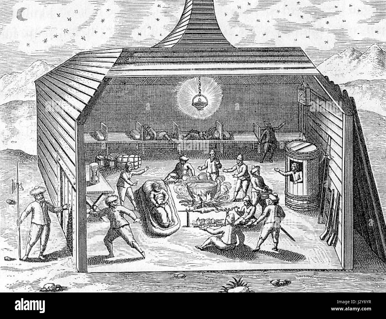 Das Barents-Haus, das sich in den arktischen Regionen befindet, bezieht sich wahrscheinlich auf eine traditionelle oder historische Wohnung. Es gibt Einblicke in die Architektur und die Lebensbedingungen im rauen nördlichen Klima, möglicherweise verbunden mit dem Entdecker Willem Barentsz. Stockfoto