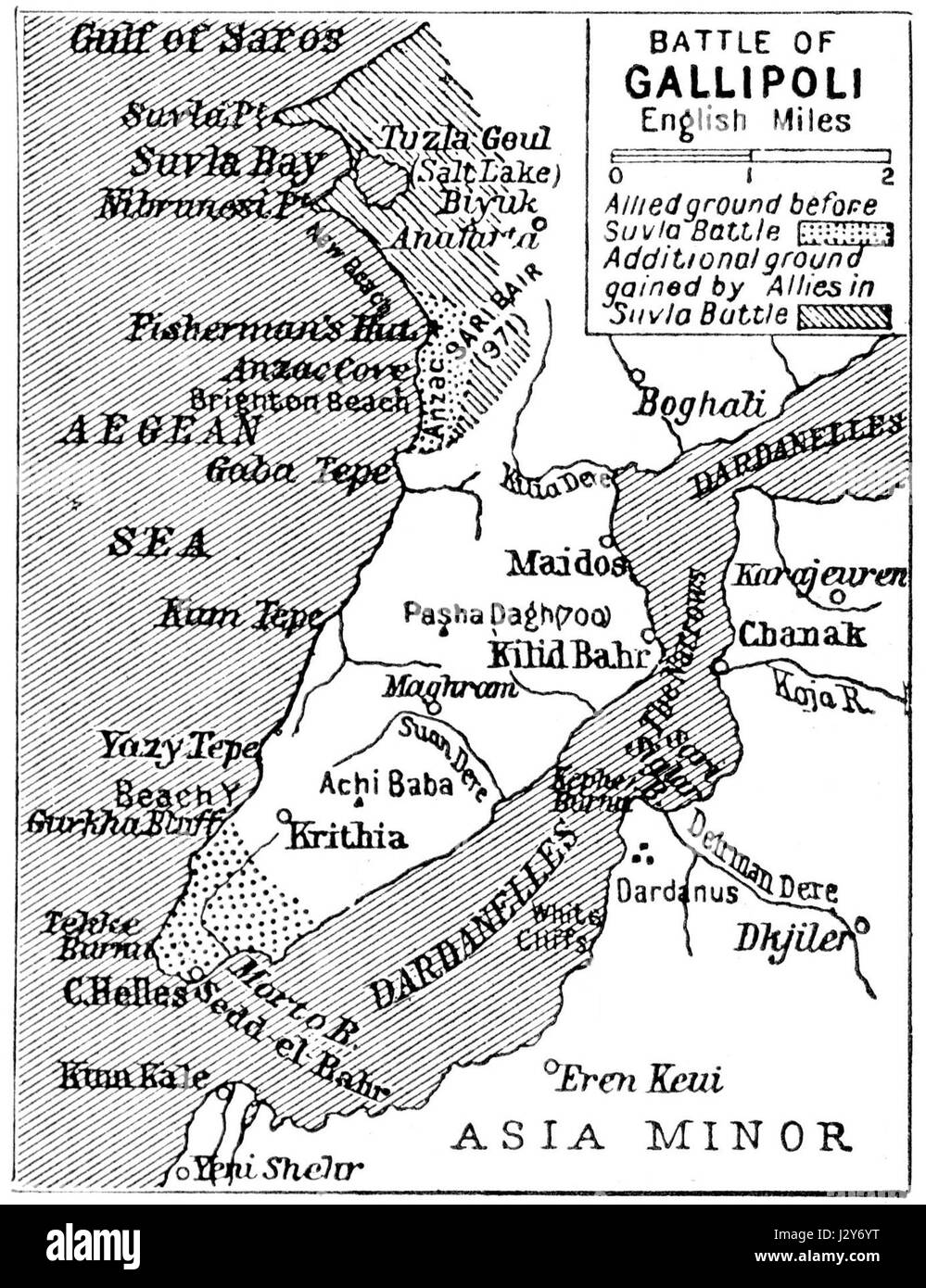 Die Schlacht von Gallipoli 1915 war eine bedeutende militärische Konfrontation zwischen den alliierten Truppen und dem Osmanischen Reich während des Ersten Weltkriegs. Die beiden alliierten Brückenköpfe in Gallipoli spielten eine entscheidende Rolle beim Ausgang des Feldzugs. Stockfoto