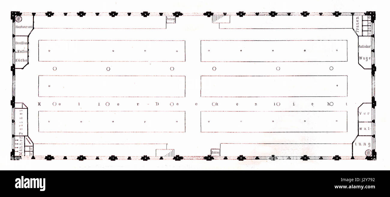 Die „Berliner Markthalle V Grundriss“ ist ein Grundriss der Berliner Markthalle V, der das Layout und die Gestaltung dieses wichtigen historischen Marktplatzes in Berlin veranschaulicht. Stockfoto