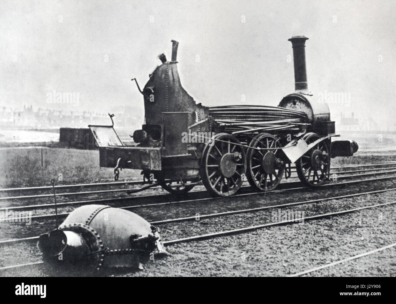 Die Kesselexplosion von 1850 war ein katastrophales Ereignis, bei dem ein Dampfkessel defekt war und eine Explosion verursachte. Dieser Vorfall ist ein Beispiel für frühe Arbeitsunfälle im 19. Jahrhundert. Stockfoto